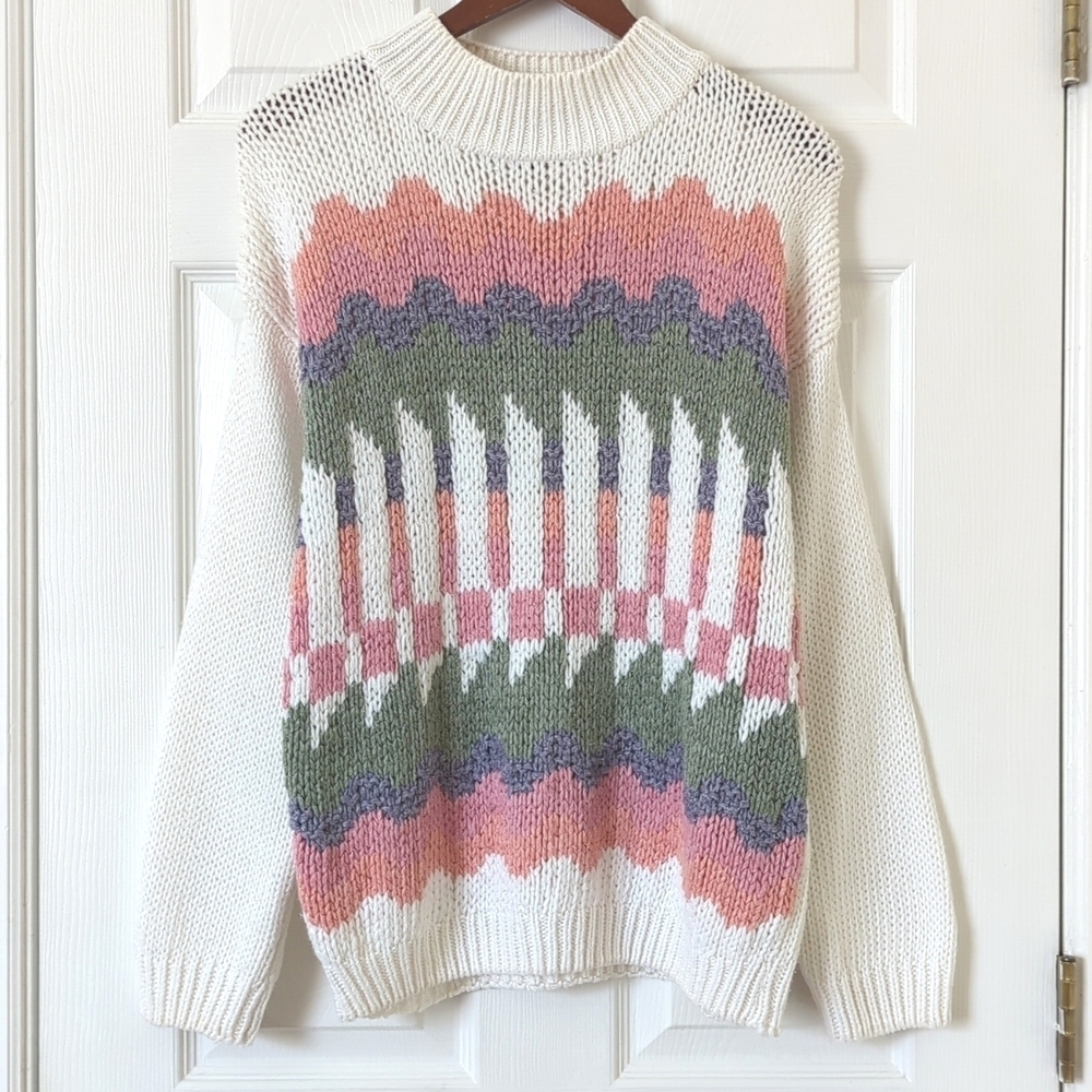 Rafferty 90's Vintage Funky Jacquard Knitted By Hand Mock Neck Sweater White M